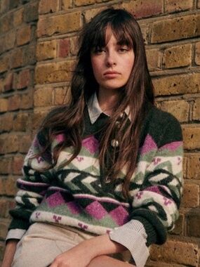 Sezane Patterned Green, Pink & Cream Wool Sweater